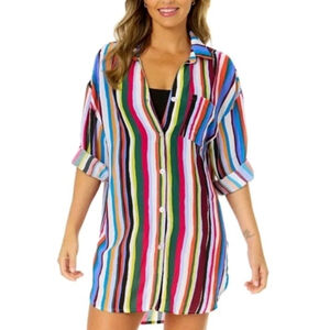 Anne Cole CoverUp Dress S M Colorful Striped Button Front Swim Coverup Tunic#G35